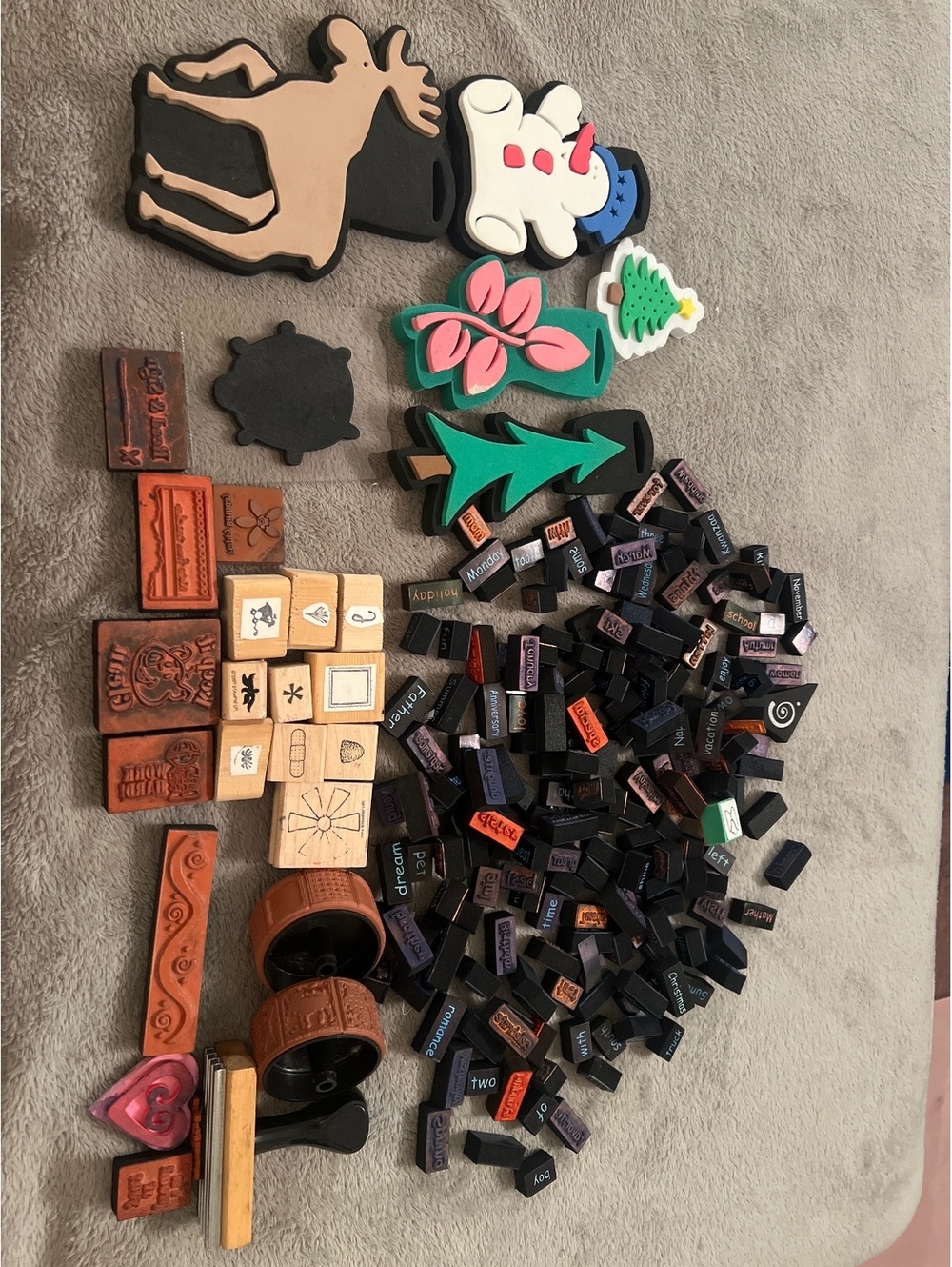 Vintage and Modern Rubber Stamps Collection with Various Designs and Words